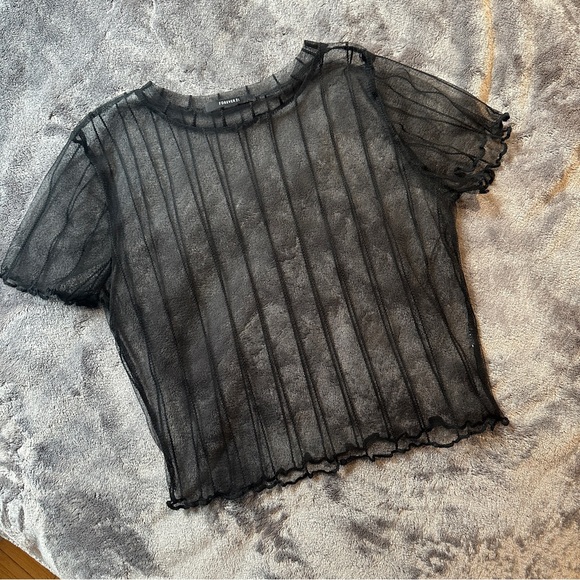 NWOT Black Sheer Crop Top Mesh Stripe Short Sleeve Ruffle Edge XS Small Sexy - Picture 2 of 5